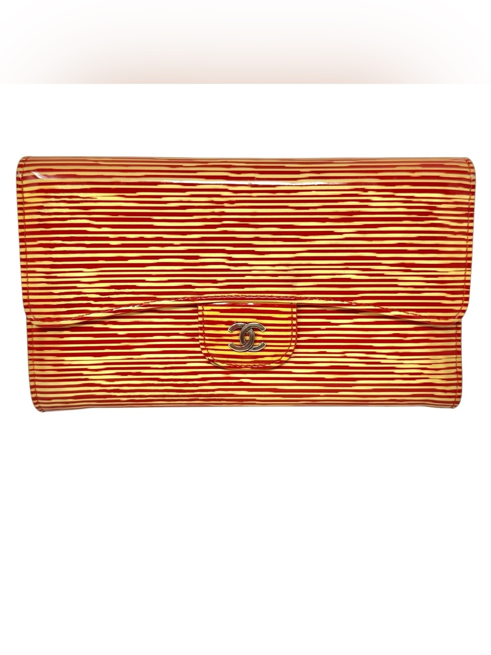✨🛍️ Chanel Red and Gold Stripe Patent Flap Wallet